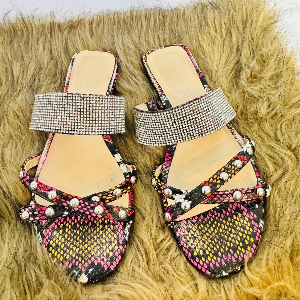 Jessica Simpson Faira Sandal SZ 8 Multicolor Snake Rhinestone Studded
